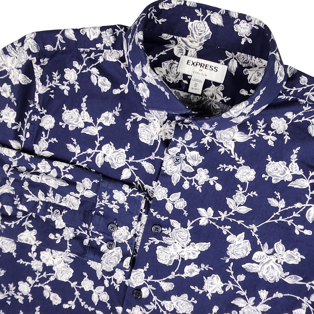 Express Button Up Shirt Mens Medium 15-15.5 Blue Floral Extra Slim Long Sleeve